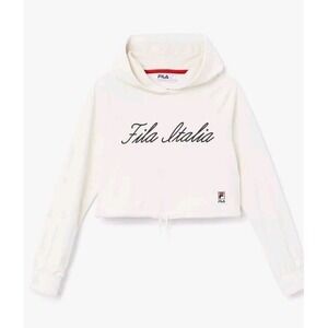 FILA Italia Women's Sofia Velour Cropped Pullover Hoodie Sweatshirt Ivory Sz XLG
